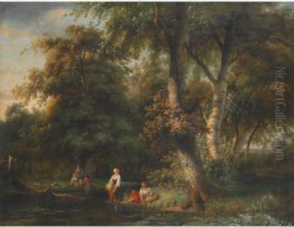 Young Field Workers Bathing And Resting In A Forestpool Oil Painting by Ildephonse Stocquart