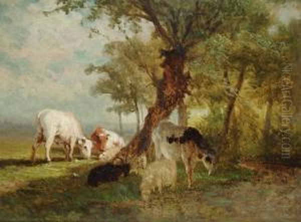 Cows And Sheep Near A Brook At The Fringe Of The Woods Oil Painting by Ildephonse Stocquart