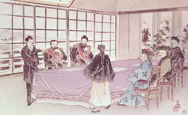 The Japanese ministers I-Tso and Mou-Tsou discuss with the Chinese envoy Ri-Ko-Sho the conditions of the Shimonoseki truce, 16th April 1895 Oil Painting by Anonymous Artist