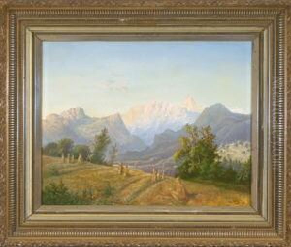 Getreidegarben Vor Weiter Landschaft Mit Blick Zum Hochgebirge Im Abendlicht Oil Painting by Otto Stoger