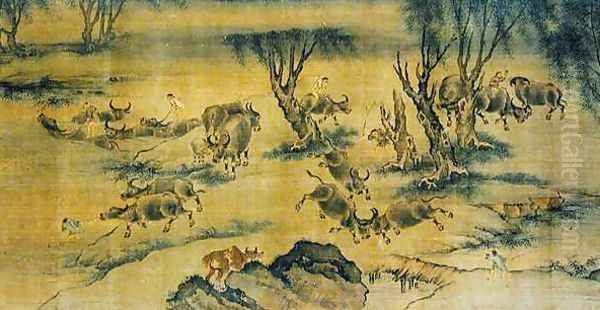 Water Buffaloes and Herd Boys, Chinese, 1368-1463 Oil Painting by Anonymous Artist