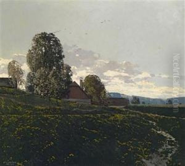 Meadow With A Farmhouse Surrounded By Trees In The Background Oil Painting by Josef Stoitzner