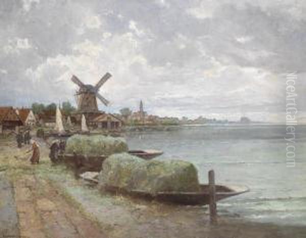 Landscape With Windmills Oil Painting by Konstantin Stoitzner