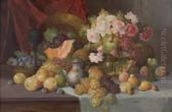 Groses Stillleben Mit Rosenvase Und Fruchten Oil Painting by Rudolf Stoitzner