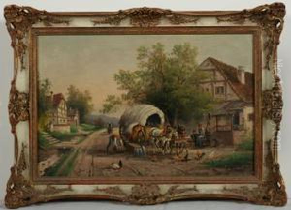 Sommerliche Dorfstrasse Mit Planwagen Und Figurenstaffage Oil Painting by Rudolf Stoitzner