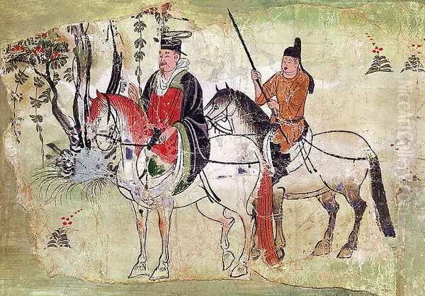 Two Horsemen in a Landscape or, The Boddhisatva and his Equerry, Tang Period Oil Painting by Anonymous Artist