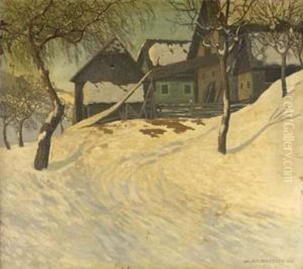 Alpine Farmhouses In Winter Oil Painting by Walter Stoitzner