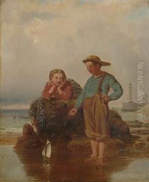 A Summer's Day On The Beach, Children Playing In A Rock Pool Oil Painting by James Stokeld