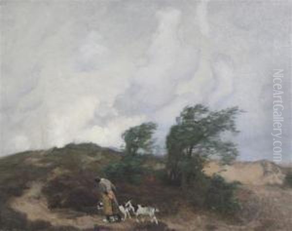 Goat Herder In A Windswept Landscape Oil Painting by Adrian Scott Stokes