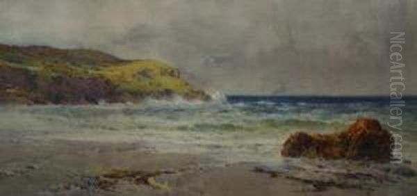 A Coastal Scene With Waves Lashing Beach Oil Painting by Adrian Scott Stokes