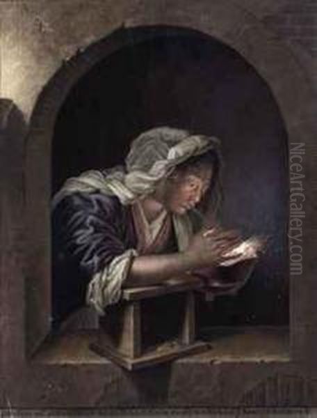 A Woman Blowing On Coals, In A Trompe L'oeil Niche Oil Painting by Jan Stolker