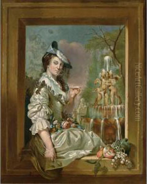 A Portrait Of An Elegant Lady Seated, Three Quarter Length, In A Stone Window, Wearing A White Satin Low Necked Dress With Tied Up Sleeves, Lace Underdress And Flat Feathered Hat, Holding A Shell In Her Hand, And With A Garland Of Flowers On Her Lap, Scul Oil Painting by Jan Stolker