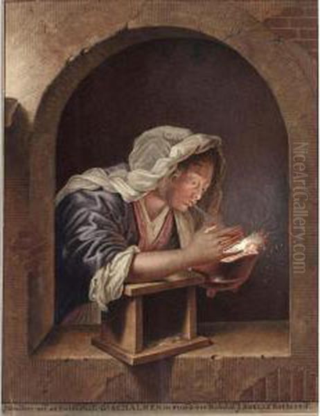 A Woman In A Niche Blowing On Coals In An Earthware Pot Oil Painting by Jan Stolker