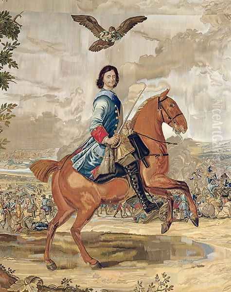 Peter I 1672-1725 the Great Triumphing Over the Defeated Swedish Army at Poltava in 1709 Oil Painting by Anonymous Artist