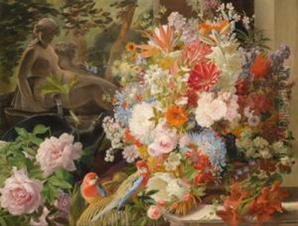 Blumen Stillleben Mit Dem Schonen Brunnen Und Der Nympheegeria Im Park Von Schloss Schonbrunn Oil Painting by Leopold Stoll