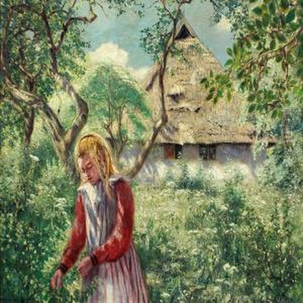 Girl Picking Flowers Oil Painting by Fritz Stoltenberg