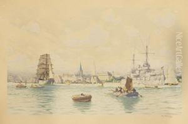 Kieler Hafenansicht Mit Kriegsschiff Und Dreimastbark Oil Painting by Fritz Stoltenberg