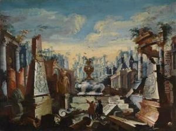 An Architectural Capriccio: Two Male Figures Contemplating Antique Ruins Oil Painting by Antonio, Tonino Stom