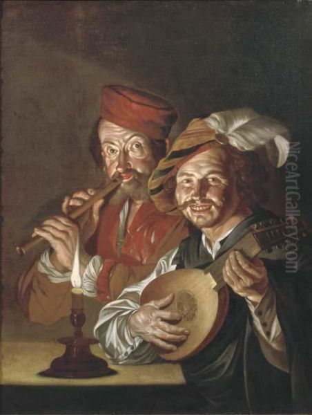 A Lute Player And A Flute Player Making Music By Candlelight Oil Painting by Matthias Stomer