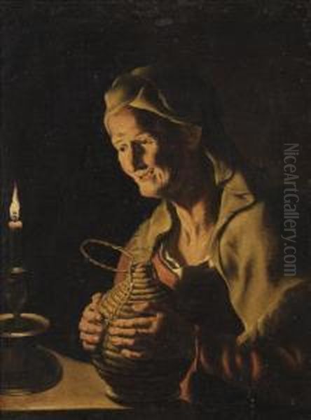 Old Woman With A Flask Oil Painting by Matthias Stomer