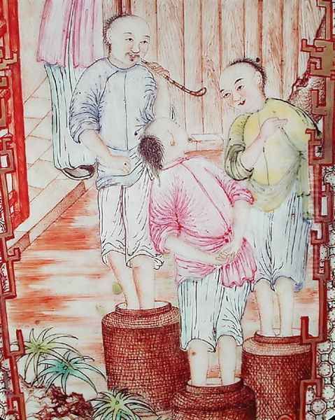 Detail from a vase depicting men packing tea Oil Painting by Anonymous Artist