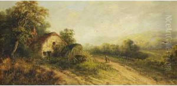 Rural Landscape With Figure On A Path Beside A Thatched Cottage Oil Painting by William Stone