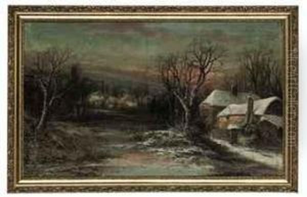 Cottages In A Snowy Landscape Oil Painting by William Stone