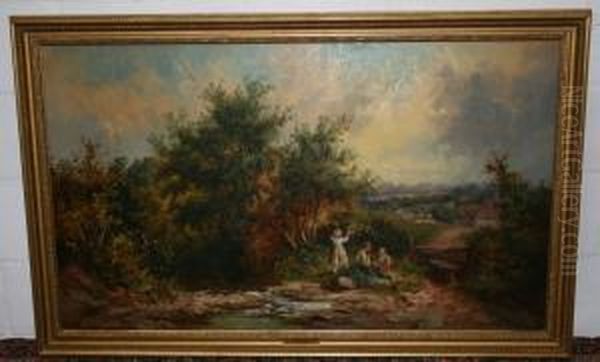 Mother And Children Collecting Blackberries Oil Painting by William R. Stone