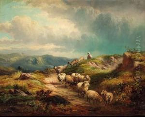 Sheep On A Mountain Track Oil Painting by William R. Stone