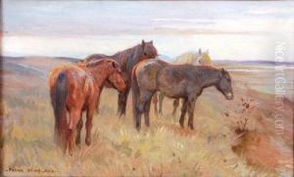 Ponies Grazing In A Coastal Landscape Oil Painting by Frank P. Stonelake