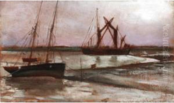 Barges At The Ferry, Benfleet - Canvey; Schooner Oil Painting by Frank P. Stonelake