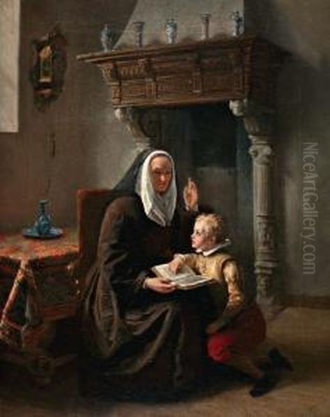 Lezen Met Moeder Oil Painting by Willem Benedictus Stoof