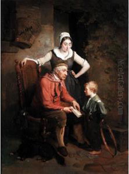 A Reading Lesson Oil Painting by Willem Benedictus Stoof