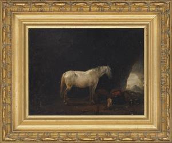 A Horse, Sleeping Peasant And Dog In A Cave Oil Painting by Dirck Willemsz. Stoop