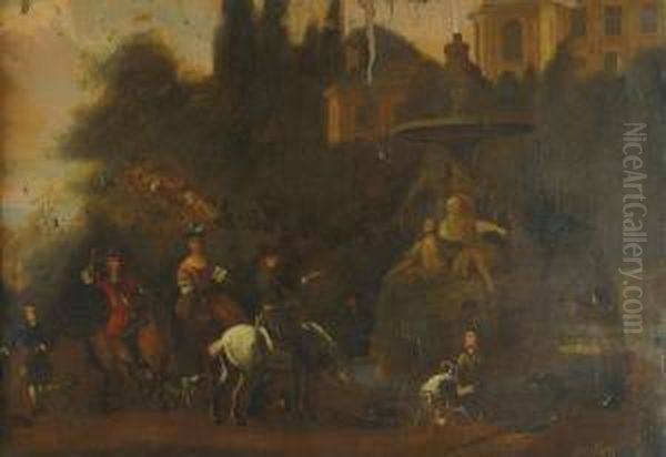 A Hawking Party At Rest Before An Italiante Fountain Oil Painting by Dirck Willemsz. Stoop