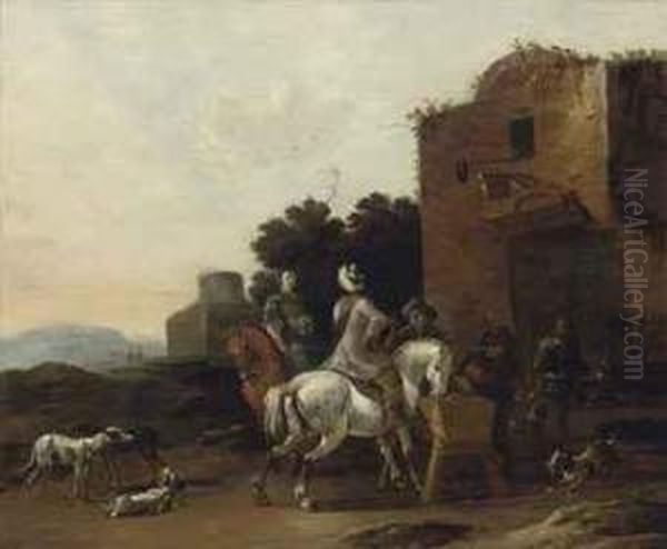 A Classical Landscape With A Hunting Party At Rest Oil Painting by Dirck Willemsz. Stoop