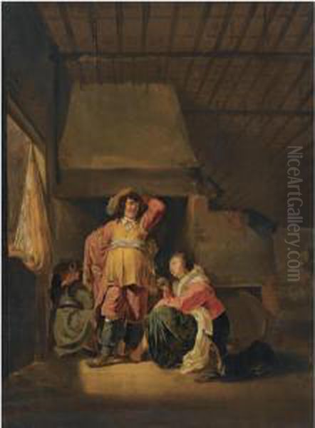 An Interior Scene With A Officer And A Seated Woman Smoking Apipe Oil Painting by Maerten Stoop