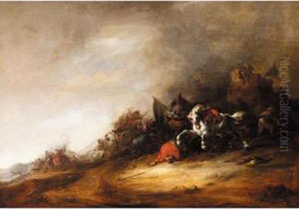 A Cavalry Engagement Before A Ruin Oil Painting by Maerten Stoop