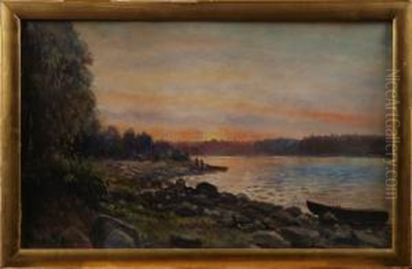 Insjolandskap Med Fiskare Oil Painting by Georg Stoopendaal