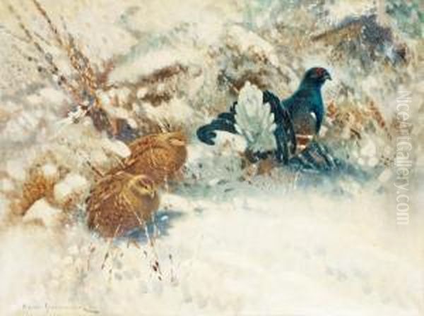 Winter Landscape With Blackcock And Hens Oil Painting by Mosse Stoopendaal