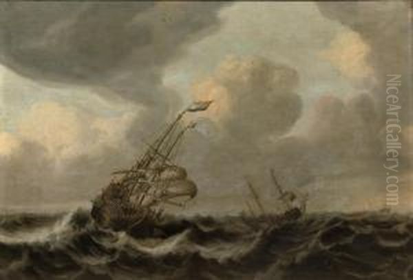 Dutch Men O' War In Rough Seas Oil Painting by Cornelis Stooter