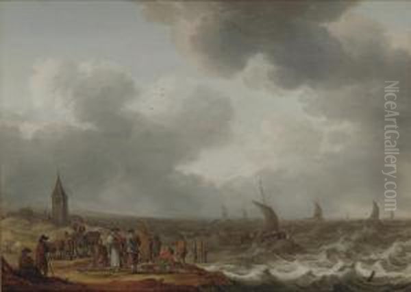 Shipping In Choppy Waters, With Figures On The Shore In The Foreground Oil Painting by Cornelis Stooter