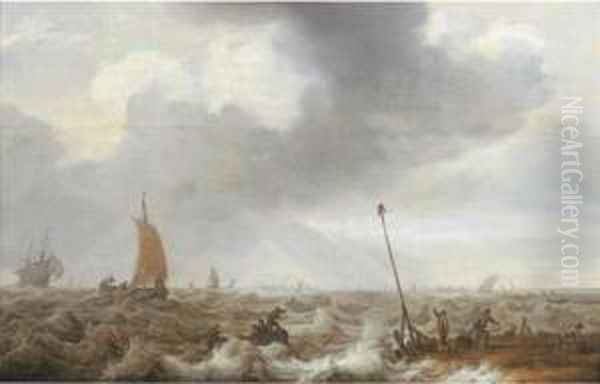 Shipping In Choppy Seas With Fishermen On The Shore In The Rightforeground, A Town Beyond Oil Painting by Cornelis Stooter