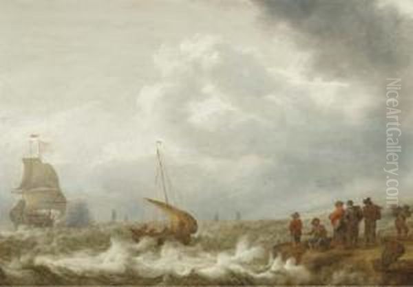 Shipping Off The Coast In A Stiff Breeze, Figures On The Shorelinein The Foreground Oil Painting by Cornelis Stooter