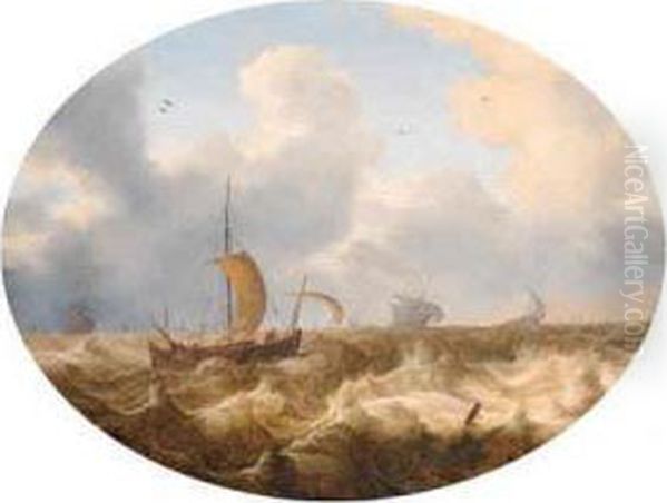 A Smalschip Running Before The Wind Offshore, Other Shippingbeyond, As A Storm Approaches Oil Painting by Cornelis Stooter