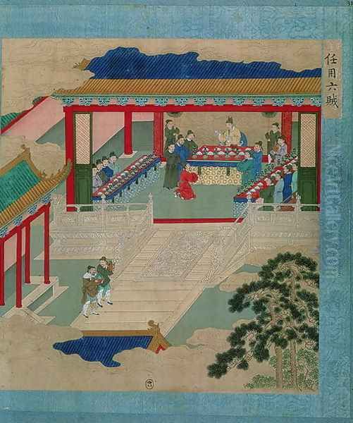 Emperor Hui Tsung (r.1100-26) taking part in a festival in which he drinks from a cup made of precious stone, from a history of Chinese emperors Oil Painting by Anonymous Artist