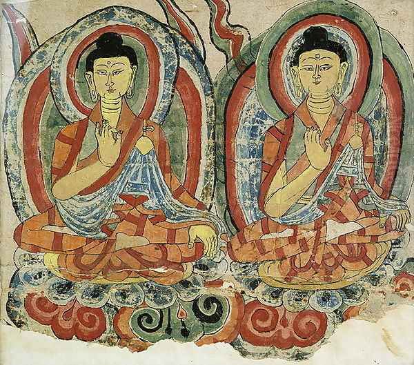 Seated Buddha Sakyamuni and Baistrajyaguru, Dunhuang Oil Painting by Anonymous Artist