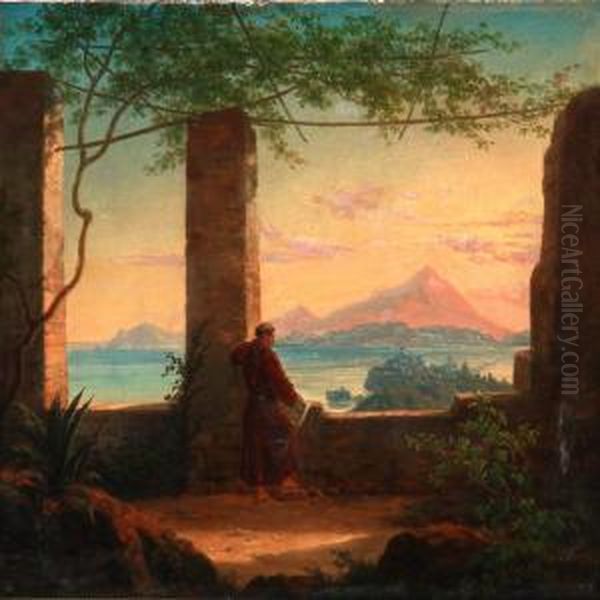 A Monk Looking Over Naples Oil Painting by Frederik Ludwig Storch