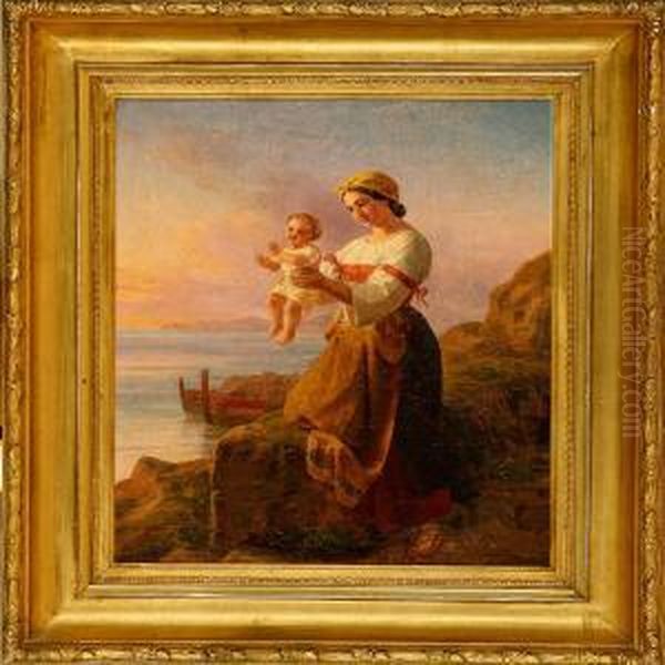 Italian Coastal Scene With Mother And Child Oil Painting by Frederik Ludwig Storch