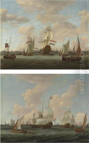 Dutch Shipping In Choppy Waters, A Port Beyond Oil Painting by Abraham Storck